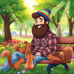 A whimsical illustration of a young man with a large, fluffy beard, wearing a colorful beanie