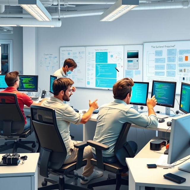 A group of men working diligently at computers in a modern office setting