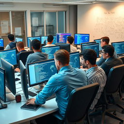 A group of men working diligently at computers in a modern office setting