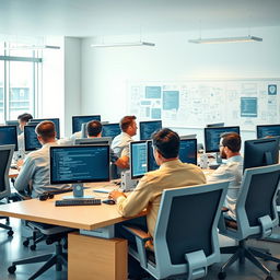 A group of men working diligently at computers in a modern office setting