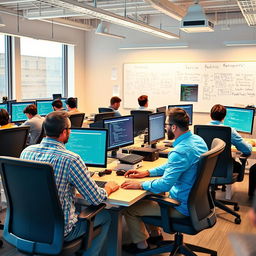 A group of men working diligently at computers in a modern office setting