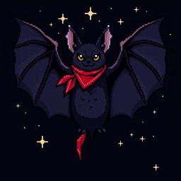 A striking pixel art representation of a bat with a deep black color, adorned with a vibrant red bandana tied around its head