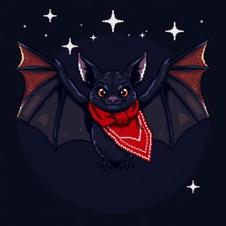 A striking pixel art representation of a bat with a deep black color, adorned with a vibrant red bandana tied around its head