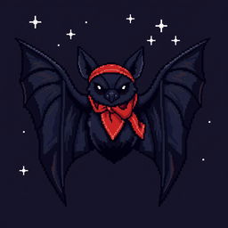 A striking pixel art representation of a bat with a deep black color, adorned with a vibrant red bandana tied around its head