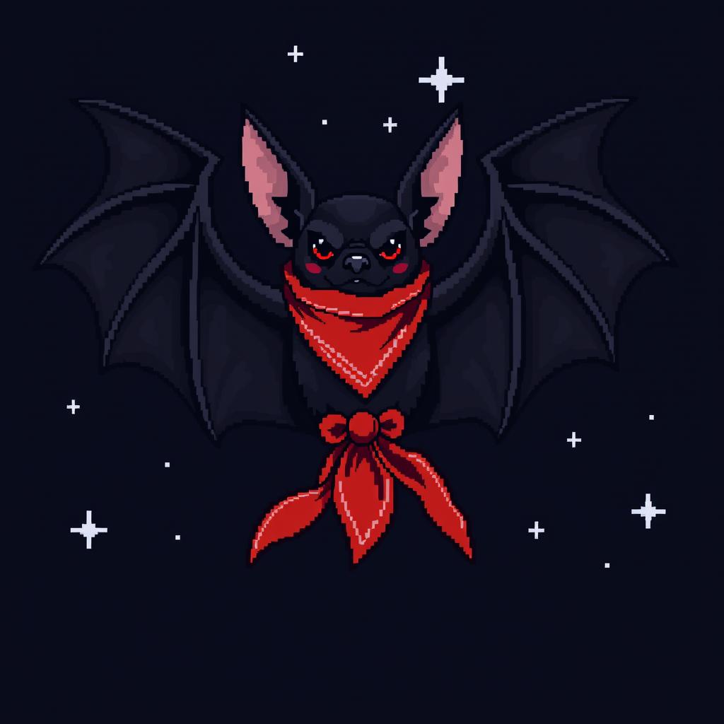 A striking pixel art representation of a bat with a deep black color, adorned with a vibrant red bandana tied around its head