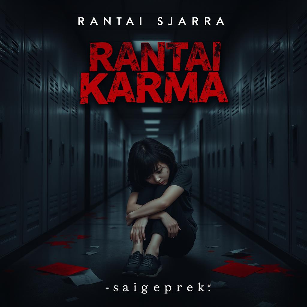 Cover design for a dark aesthetic Wattpad story titled 'Rantai Karma' by _sapigeprek_