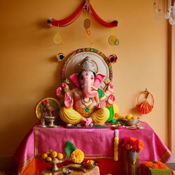 A serene living room with a Ganpati theme, featuring a statue of Lord Ganesh prominently displayed, along with relevant symbolism, vibrant festive colors, and traditional Indian decorative items.