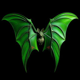 A pair of green bat wings, intricately detailed with scales and veins, spread open majestically against a dark background