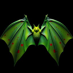 A pair of green bat wings, intricately detailed with scales and veins, spread open majestically against a dark background