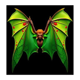 A pair of green bat wings, intricately detailed with scales and veins, spread open majestically against a dark background