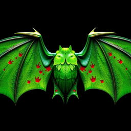 A pair of green bat wings, intricately detailed with scales and veins, spread open majestically against a dark background