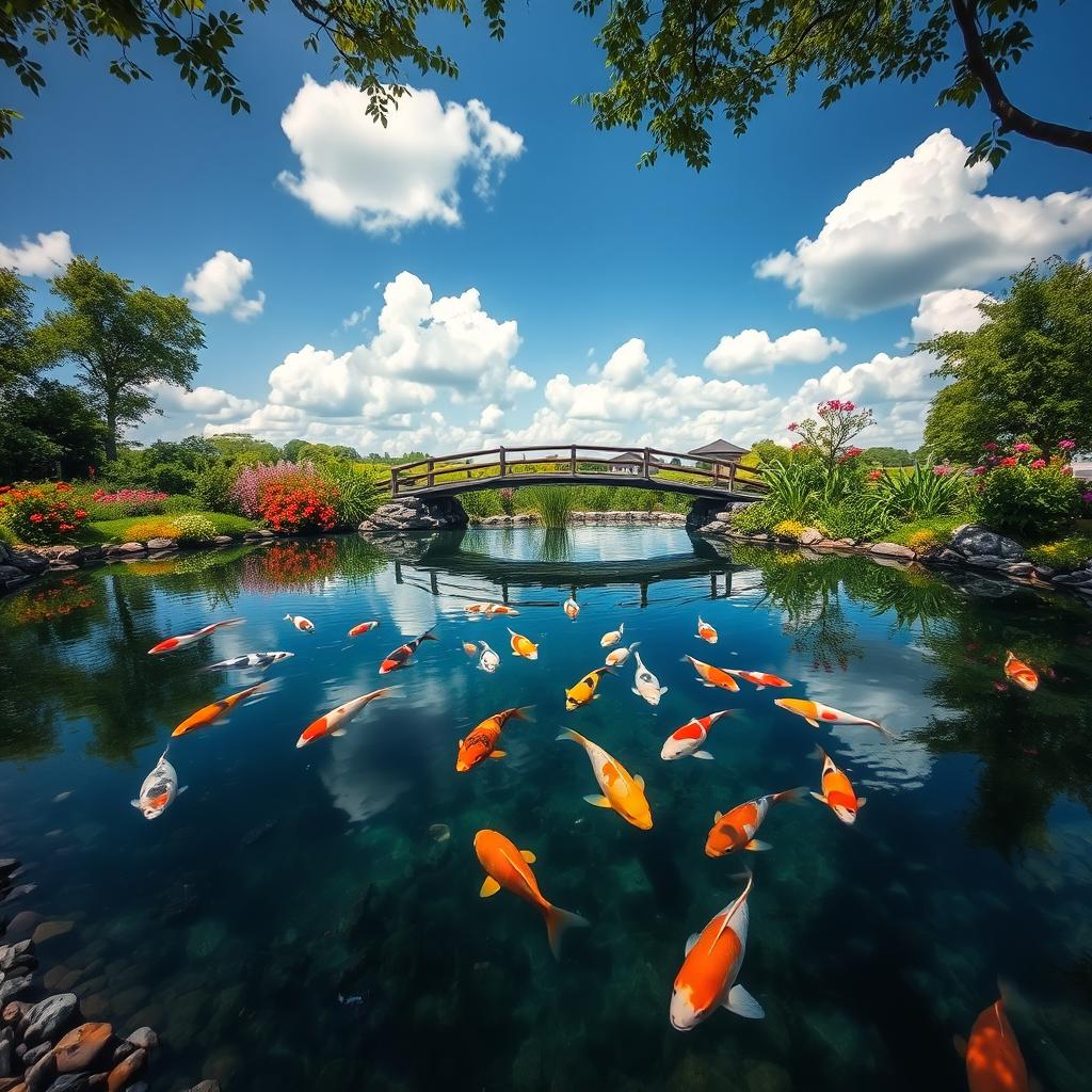 A serene koi pond during a sunny day, surrounded by lush greenery and vibrant flowers