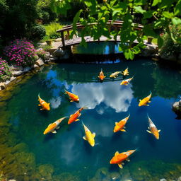 A serene koi pond during a sunny day, surrounded by lush greenery and vibrant flowers