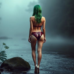 A 20-year-old woman with thin, round plastic surgery breasts and vibrant green hair, captured in a full body backside view