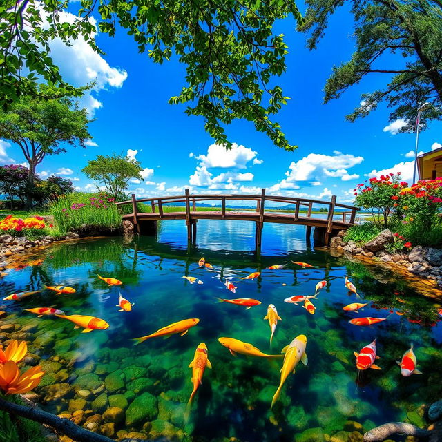 A serene koi pond during a sunny day, surrounded by lush greenery and vibrant flowers