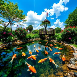 A serene koi pond during a sunny day, surrounded by lush greenery and vibrant flowers