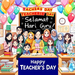 A vibrant and colorful anime-style poster for Teachers' Day, featuring a group of diverse teachers and students in a joyful classroom setting