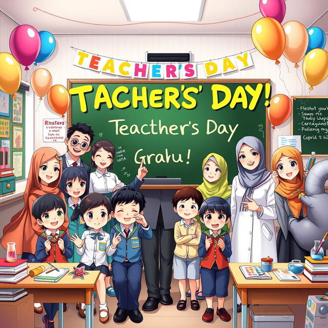 A vibrant and colorful anime-style poster for Teachers' Day, featuring a group of diverse teachers and students in a joyful classroom setting