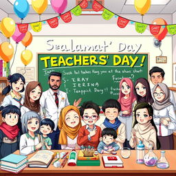 A vibrant and colorful anime-style poster for Teachers' Day, featuring a group of diverse teachers and students in a joyful classroom setting