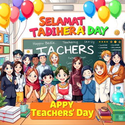 A vibrant and colorful anime-style poster for Teachers' Day, featuring a group of diverse teachers and students in a joyful classroom setting