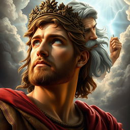 A captivating portrait of Alexander the Great, depicted with a serious and contemplative expression, gazing upwards towards a majestic representation of Zeus