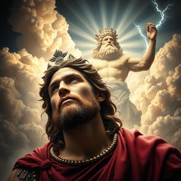 A captivating portrait of Alexander the Great, depicted with a serious and contemplative expression, gazing upwards towards a majestic representation of Zeus