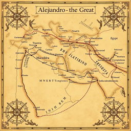 An ancient-style map depicting the vast regions that Alejandro the Great envisioned conquering