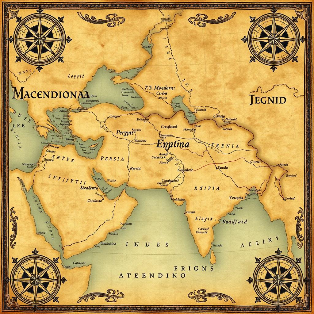 An ancient-style map depicting the vast regions that Alejandro the Great envisioned conquering