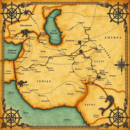 An ancient-style map depicting the vast regions that Alejandro the Great envisioned conquering