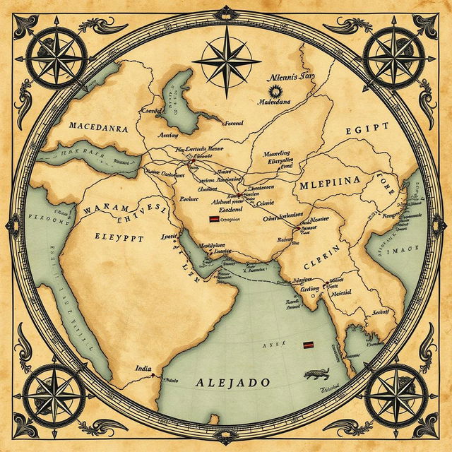 An ancient-style map depicting the vast regions that Alejandro the Great envisioned conquering