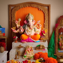 A serene living room with a Ganpati theme, featuring a statue of Lord Ganesh prominently displayed, along with relevant symbolism, vibrant festive colors, and traditional Indian decorative items.