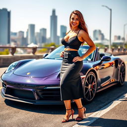 A confident woman standing beside a sleek Porsche 911, wearing a stylish short skirt, accentuating her figure