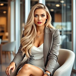 A beautiful and sweet young woman with long, voluptuous blonde hair and charming light blue eyes, sitting gracefully in a stylish office environment
