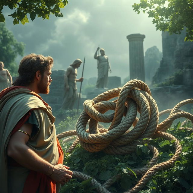 An enchanting scene of the Gordian Knot depicted in a mythical context, featuring Alexander the Great observing the intricate and complex knot with a look of curiosity and determination