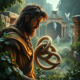 An enchanting scene of the Gordian Knot depicted in a mythical context, featuring Alexander the Great observing the intricate and complex knot with a look of curiosity and determination