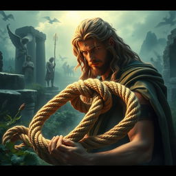 An enchanting scene of the Gordian Knot depicted in a mythical context, featuring Alexander the Great observing the intricate and complex knot with a look of curiosity and determination