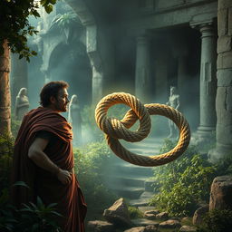 An enchanting scene of the Gordian Knot depicted in a mythical context, featuring Alexander the Great observing the intricate and complex knot with a look of curiosity and determination