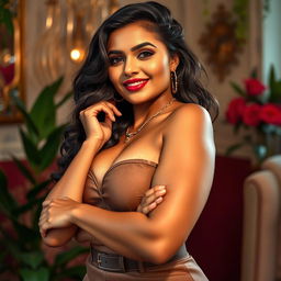 A high-quality, realistic photograph of a curvy Indian woman with a confident demeanor, showcasing her natural beauty