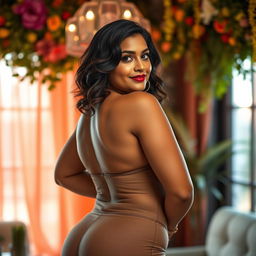 A high-quality, realistic photograph of a curvy Indian woman with a confident demeanor, showcasing her natural beauty