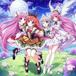 Anime girls in dynamic poses, showcasing vibrant colors and intricate outfits, with an emphasis on their expressive features and unique hairstyles