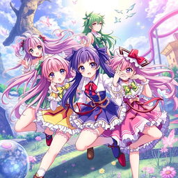 Anime girls in dynamic poses, showcasing vibrant colors and intricate outfits, with an emphasis on their expressive features and unique hairstyles