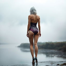 A 20-year-old woman with thin, round plastic surgery breasts and striking white hair, portrayed in a full body backside view