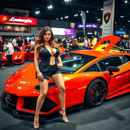 A striking woman with large breasts standing confidently next to a luxurious Lamborghini at a bustling car show