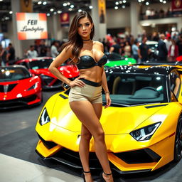 A striking woman with large breasts standing confidently next to a luxurious Lamborghini at a bustling car show