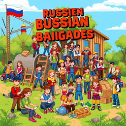 An imaginative pixel art representation of Russian student work brigades, featuring a vibrant and colorful scene with young adults engaged in various activities such as construction, volunteering, and socializing outdoors