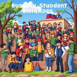 An imaginative pixel art representation of Russian student work brigades, featuring a vibrant and colorful scene with young adults engaged in various activities such as construction, volunteering, and socializing outdoors