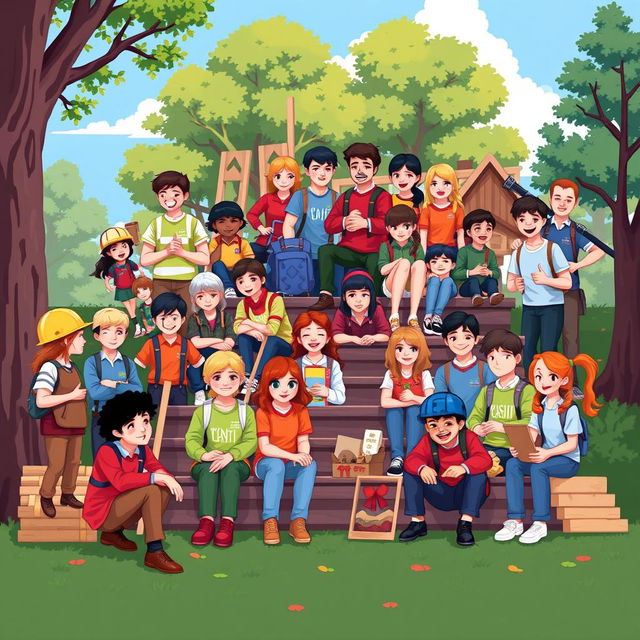 An imaginative pixel art representation of Russian student work brigades, featuring a vibrant and colorful scene with young adults engaged in various activities such as construction, volunteering, and socializing outdoors