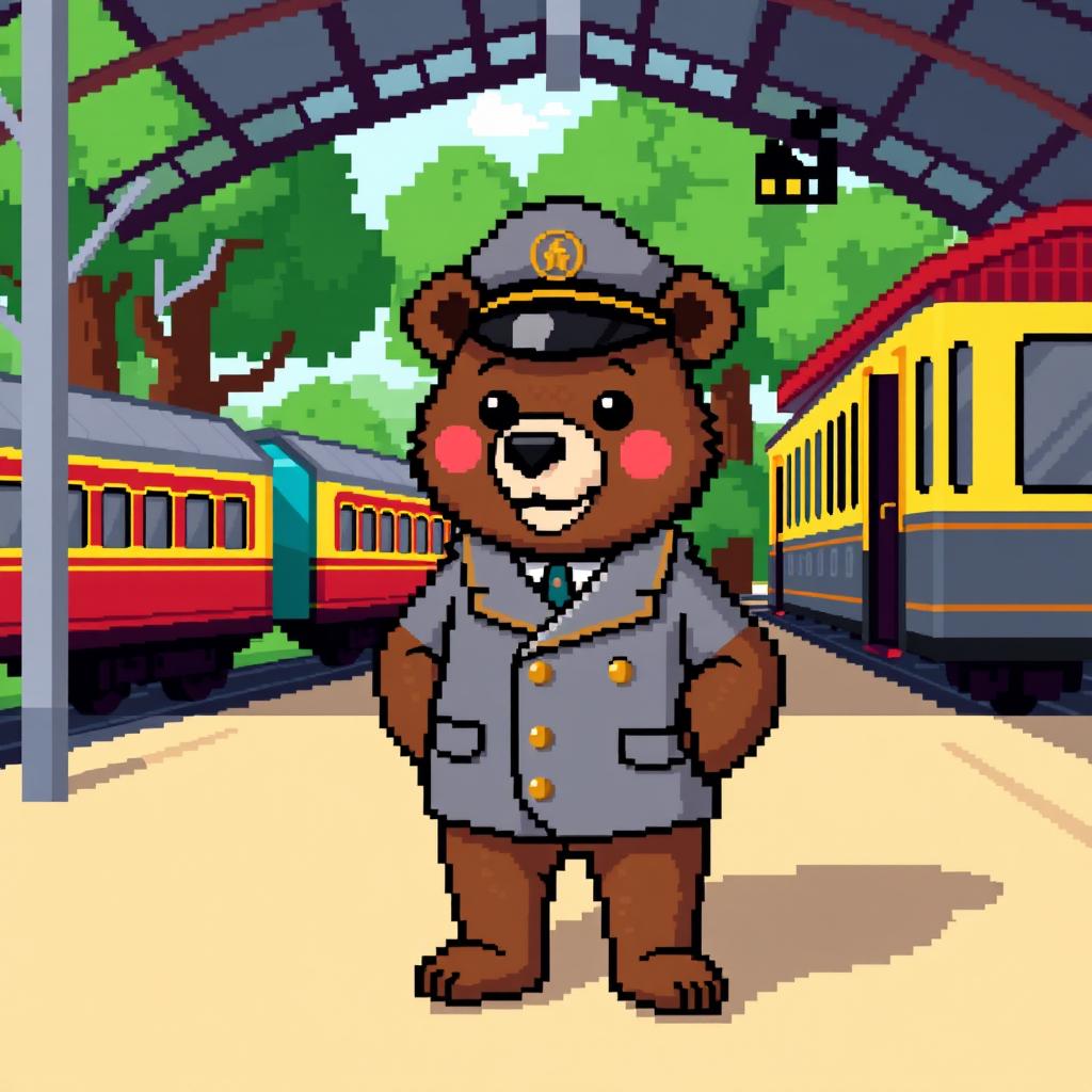 A pixel art scene featuring a bear as a train conductor in a vintage passenger train