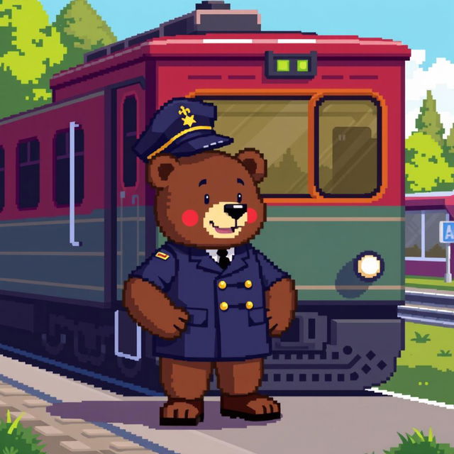 A pixel art scene featuring a bear as a train conductor in a vintage passenger train