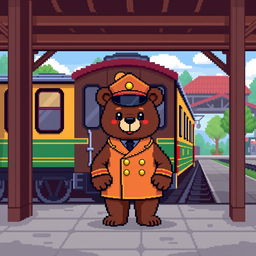 A pixel art scene featuring a bear as a train conductor in a vintage passenger train